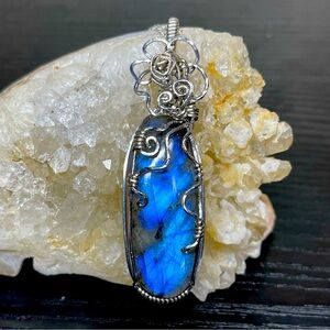 Labradorite Crystal Pendant Necklace Wire Wrapped Sterling Silver Chain